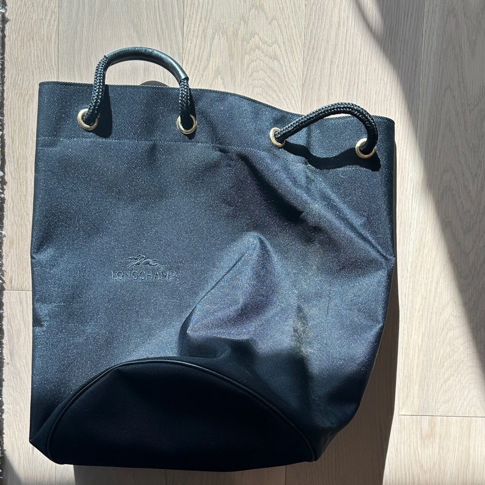 Longchamp Large Black Bucket Canvas Bag with Sturdy Woven and Leather Handles - Picture 3 of 6